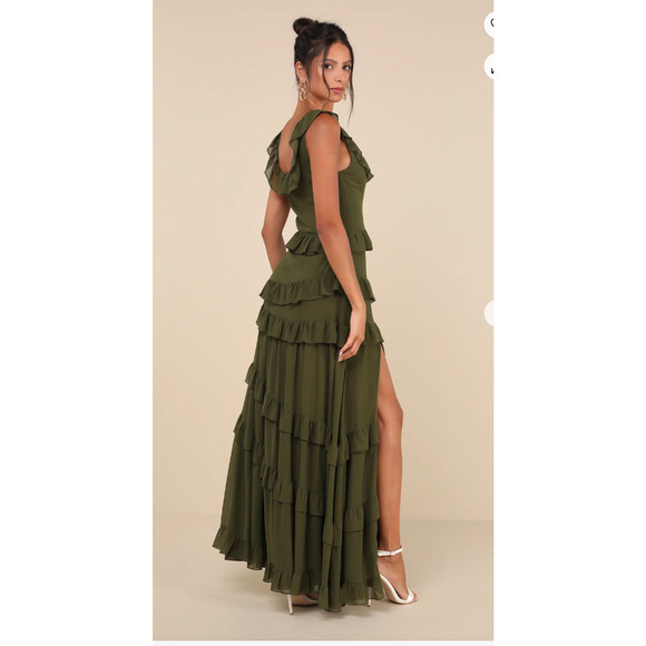 Lulus Olive Green Ruffled Tiered Compelling Romantic Maxi Dress Size S - Picture 9 of 10